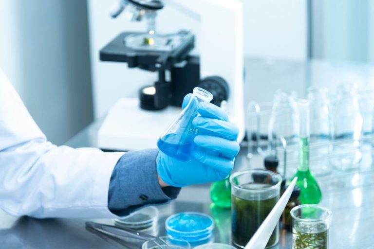 Vacina brasileira mira recaídas da malária vivax e abre nova frente de pesquisa Cientista usando luvas analisa uma solução azul em laboratório, diante de um microscópio e vidrarias.